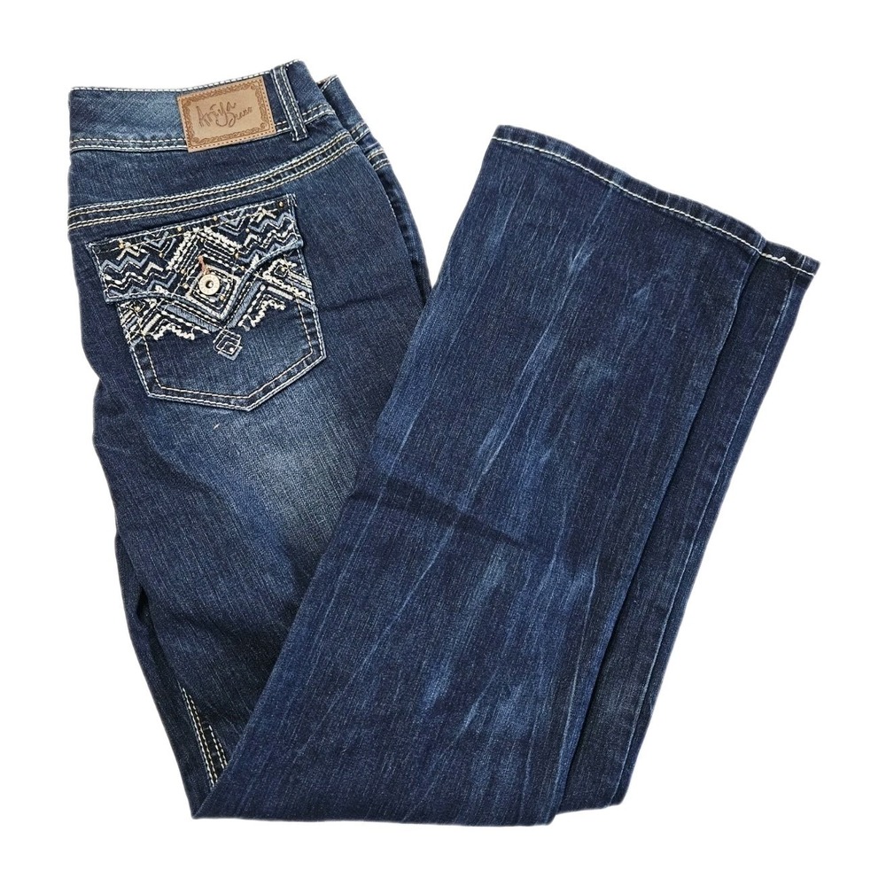 NEW ARIYA JEANS Women's Size 13/14 Slim Bootcut Flap Pockets Blue‎ Embroidered